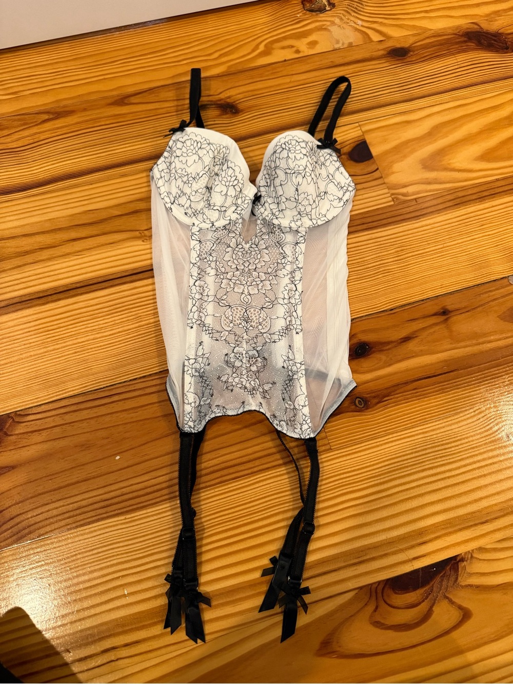 Victoria's Secret White Sheer Lace Bustier with Black Accents